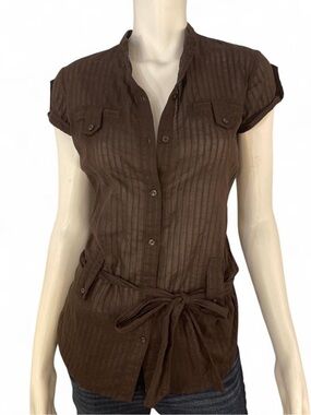 Mossimo Espresso brown belted cotton tunic top safari utility blouse minimalist